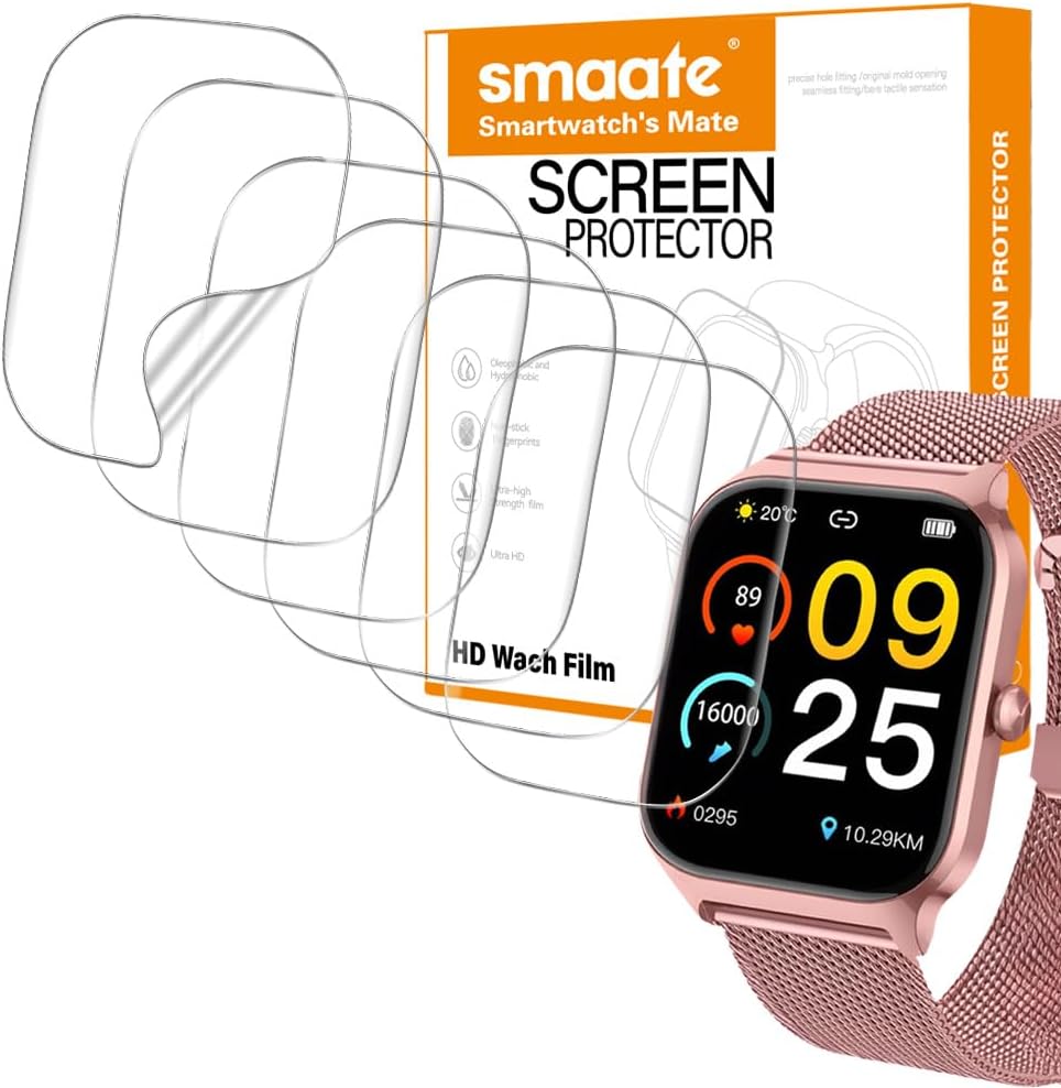 Soft Smart Watch Screen Protector Compatible with Liufiueq P125 1.85” Fitness Tracker, TPU, 6-pack, Full Coverage, Bubble Self-healing