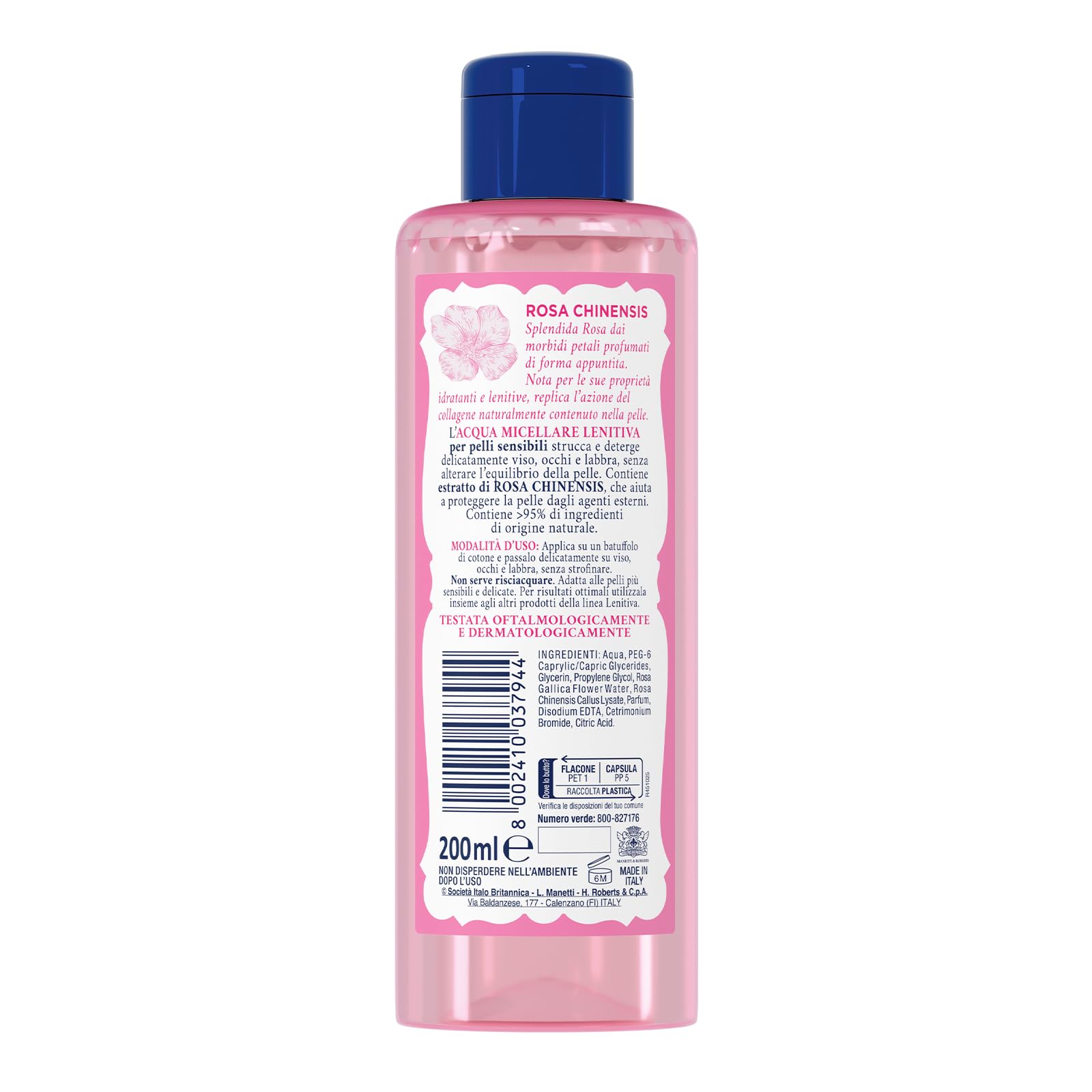 Acqua alle Rose Łagodna woda micelarna do skóry wrażliwej, do makijażu i oczyszczania twarzy, oczu i ust, z ekstraktem z róży Chinensis, który chroni skórę przed czynnikami zewnętrznymi, bez