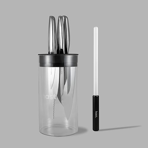 Hast Juego de cuchillos de diseño de lujo 7p con bloque de cuchillos de cristal matriz patentada acero profesional ultra afilado diseño minimalista