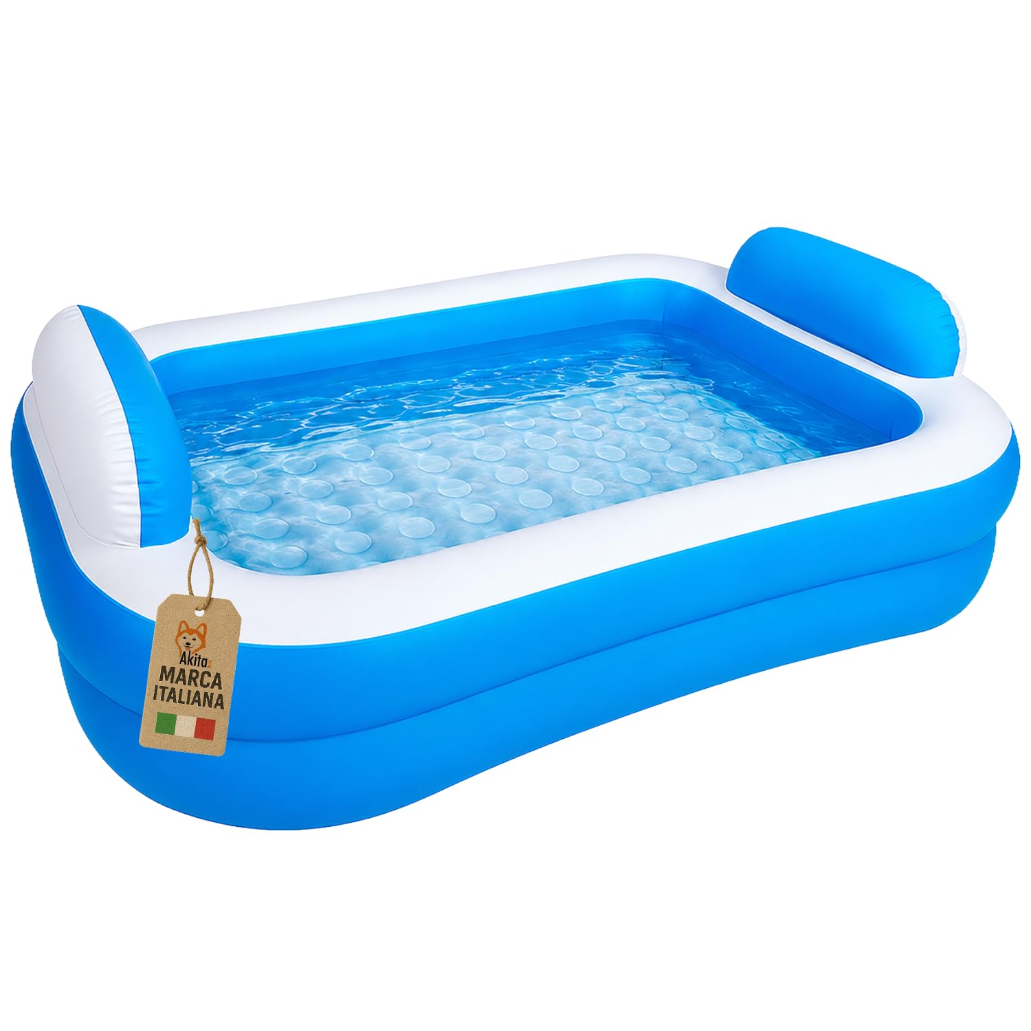 Akitaink Piscina Gonfiabile Rettangolare 200x150x50 cm con Cuscini e Fondo Gonfiabile in PVC Azzurro/Bianco per Bambini dai 3 Anni in Su