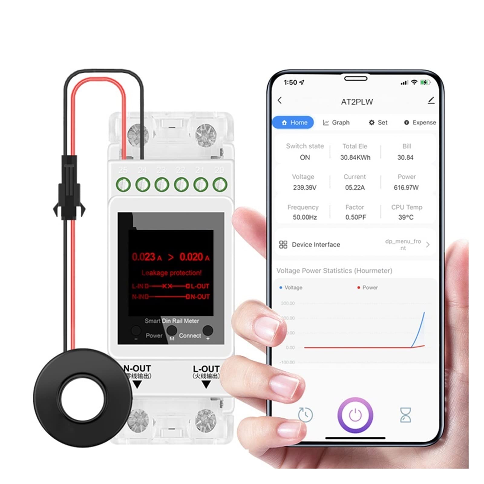 Contatore Energia Elettrica, Tuya Monofase 100A 50/60Hz Su Guida Din Contatore di Energia Intelligente Timer Consumo di Energia Monitor KWh Meter Wattmetro, Facile da Installare(With leakage protect)