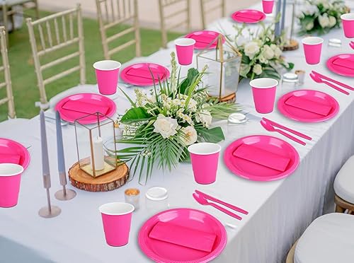 Miniatura 3 de TWOWYHI 175 platos de plástico rosa intenso, suministros de fiesta para 25 invitados, color rosa intenso de 9 pulgadas, platos de plástico rosa