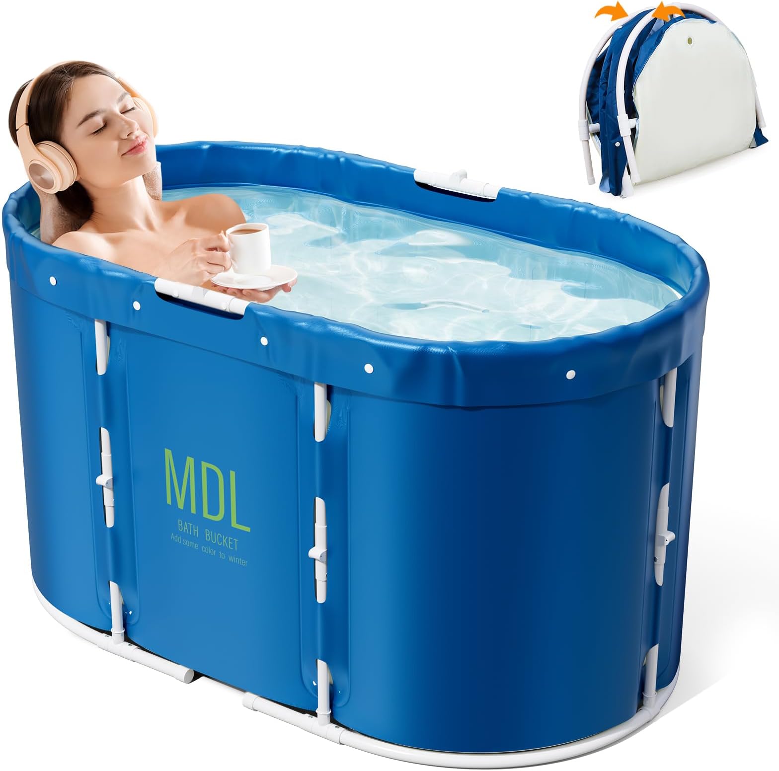 Warmiehomy Portable Foldable Bathtub for Adults, Freestanding Soaking Bathtub for Hot Bath and Ice Bath, Family Bathroom SPA Tub with Cushions for Shower Sauna (Navy Blue, Ellipse-95X55X55cm)