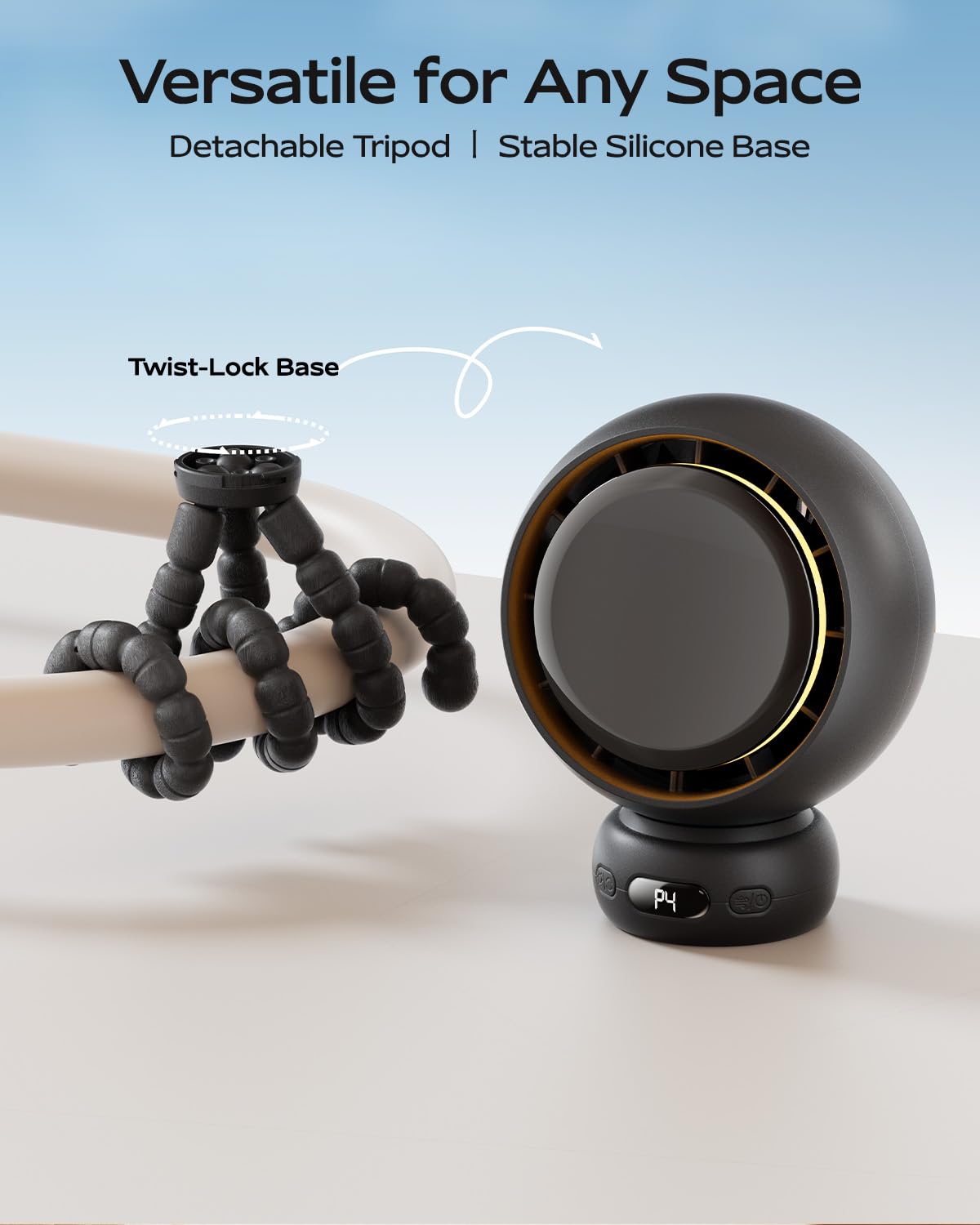 Ventilatore per passeggino, portatile, con oscillazione automatica a 60°, nero | Treppiede flessibile, ricaricabile USB-C, lunga durata della batteria, motore silenzioso, raffreddamento a 4 velocità