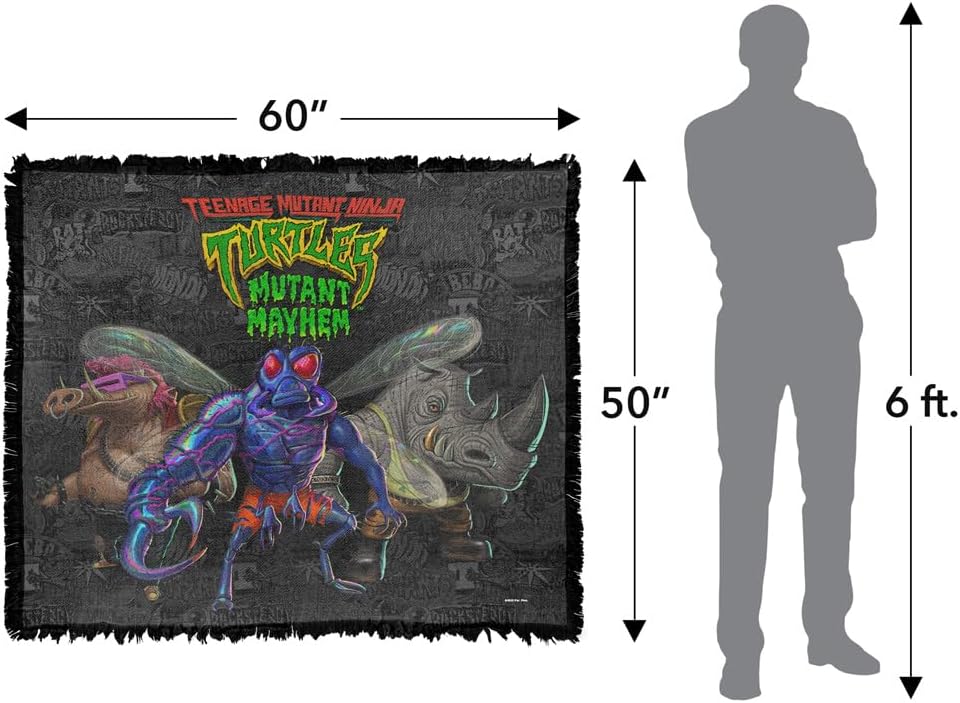 LOGOVISION Teenage Mutant Ninja Turtles: Mutant Mayhem Blanket, 50"x60" Mutant Baddies and Patches Woven Tapestry Cotton Blend Fringed Throw Blanket