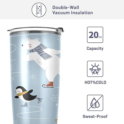 Miniatura 4 de Vaso de 20 onzas con tapa y pajita, diseño de pingüinos de patinaje sobre hielo, de acero inoxidable, con aislamiento al vacío, doble pared, taza de