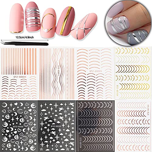 Line Nail Art Stickers Decals 8 Sheets 3D Self-Adhesive Nail Decals Include Metal Line Gold Line Silver Line Star Rose Gold Line with 1 Tweezer for Nail Polish Adhesive Sliders Art Decoration Decals