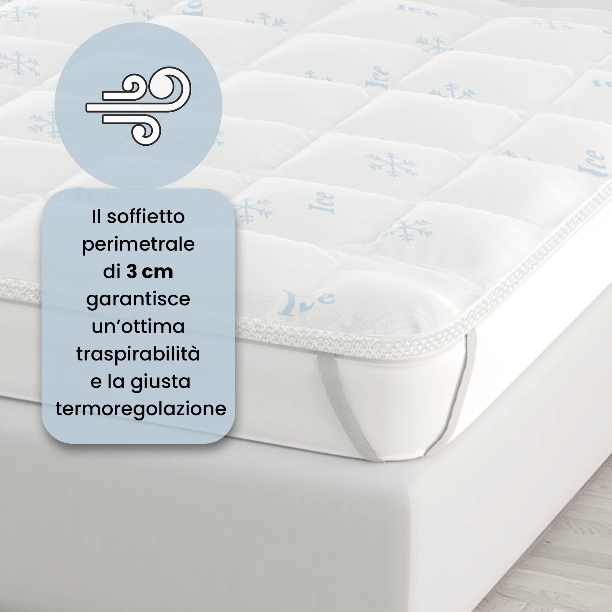 TOPPER ICE - Rinfrescante Matrimoniale 160x195 cm - Refrigerante con Elastici negli Angoli - Double Face, Soffietto 3 cm, Lavabile in Lavatrice a 40 Gradi