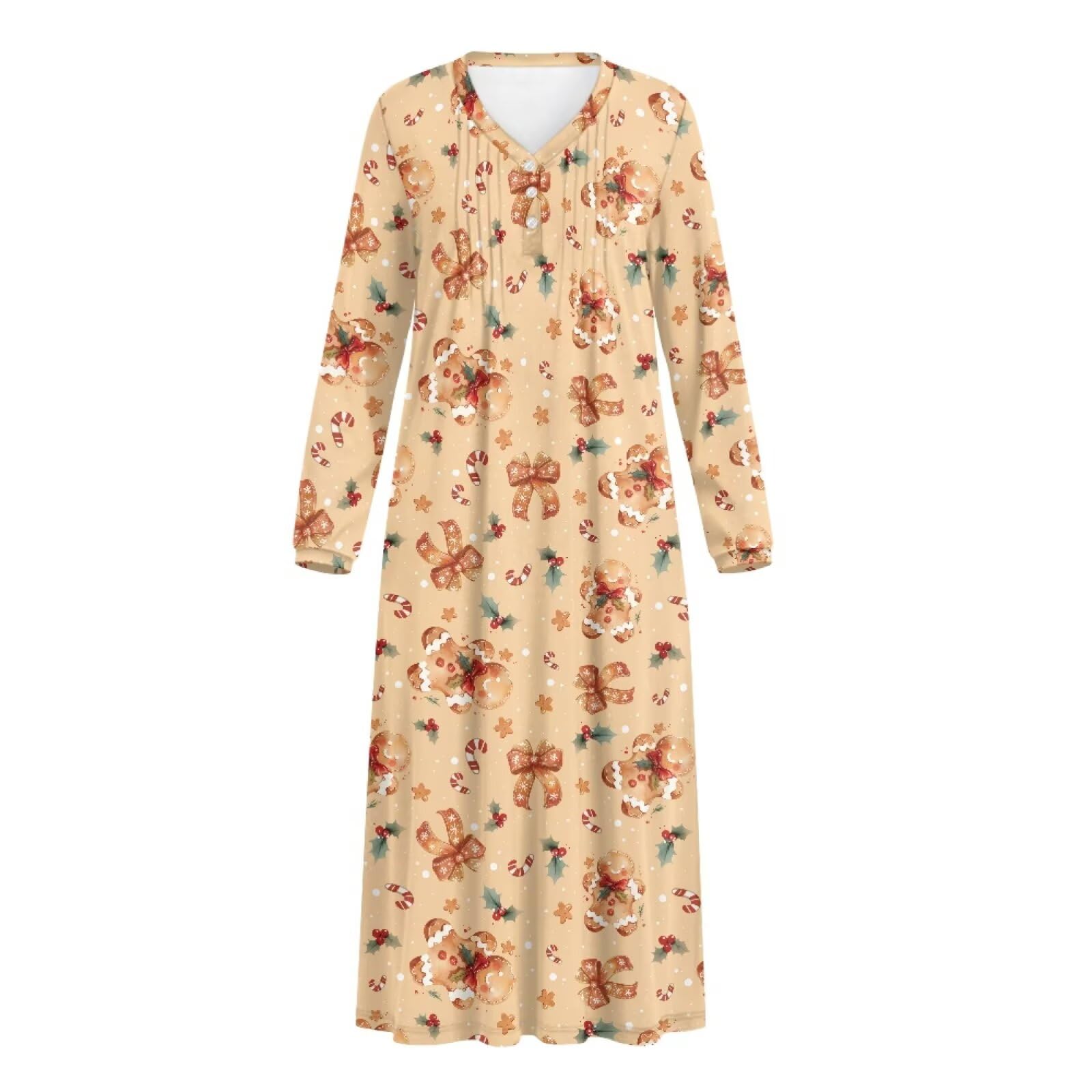 Damskie koszule nocne pełna długość bielizna nocna sukienka Henley Neck koszula nocna miękka odzież domowa do spania, Świąteczny piernikowy człowiek, 4XL