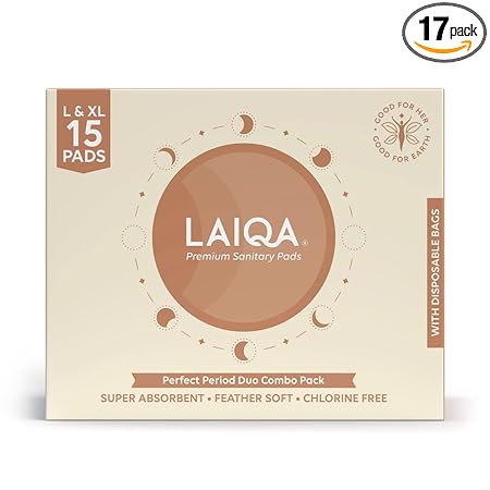 LAIQA Ultra Soft Day & Night Sanitary Pads for Women - Combo Pack of 17 Pads (10 L+ 5 XL+ 2 Pantyliners) | Made with Natural Fibers | Rash Free with 4 Wings |100% biodegradable disposal bags