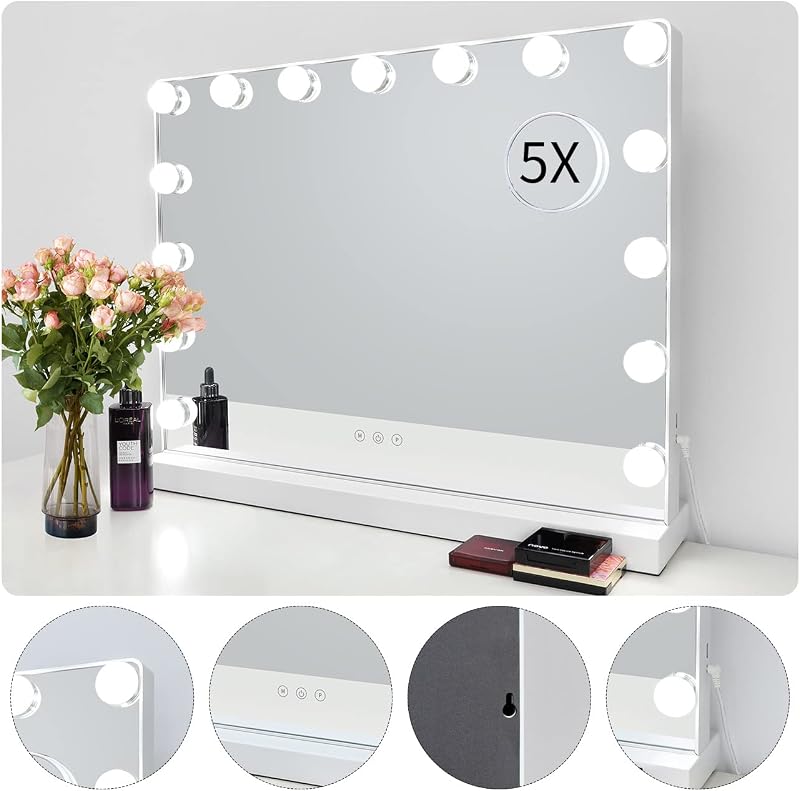 Meidom Hollywood Sminkasztal 58x46cm Tükör LED Világítással - 3 Színhőmérséklet, 15 Fényerőszint, USB, Érintésvezérlés, Alumínium Keret,