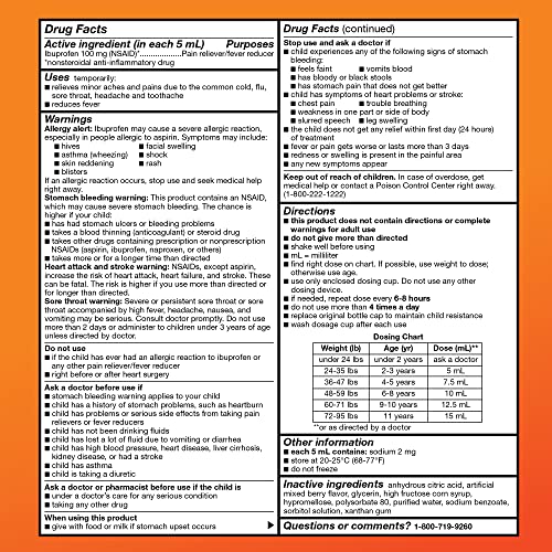 Image of Amazon Basic Care Children's Ibuprofen Oral Suspension Syrup 100 mg per 5 mL, Pain Reliever and Fever Reducer (NSAID), Non-Staining Dye-Free Berry Flavor, 4 fl oz (Pack of 1)