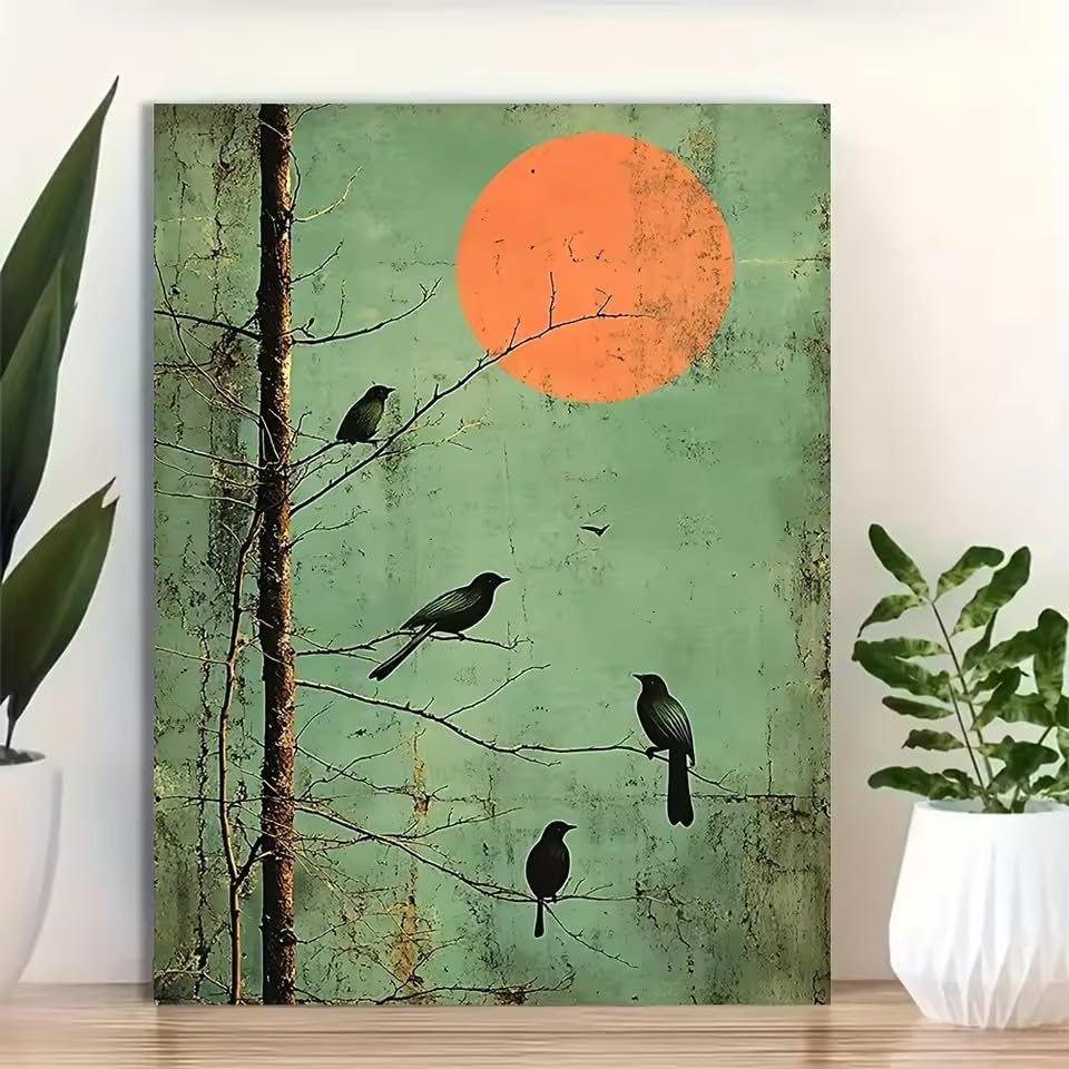 LIRHIQYGF Branches and Birds Poster and Prints Green Background Sunset Canvas Painting Wall Art Living Room Home Decor(60x90cm/Frame)