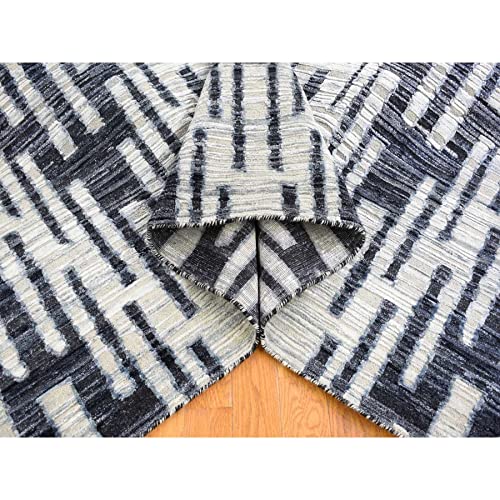 Shahbanu Rugs Black And White Zig Zag Design Pure Silk And Textured Wool Rug (9'0" X 12'0") #TOP4
