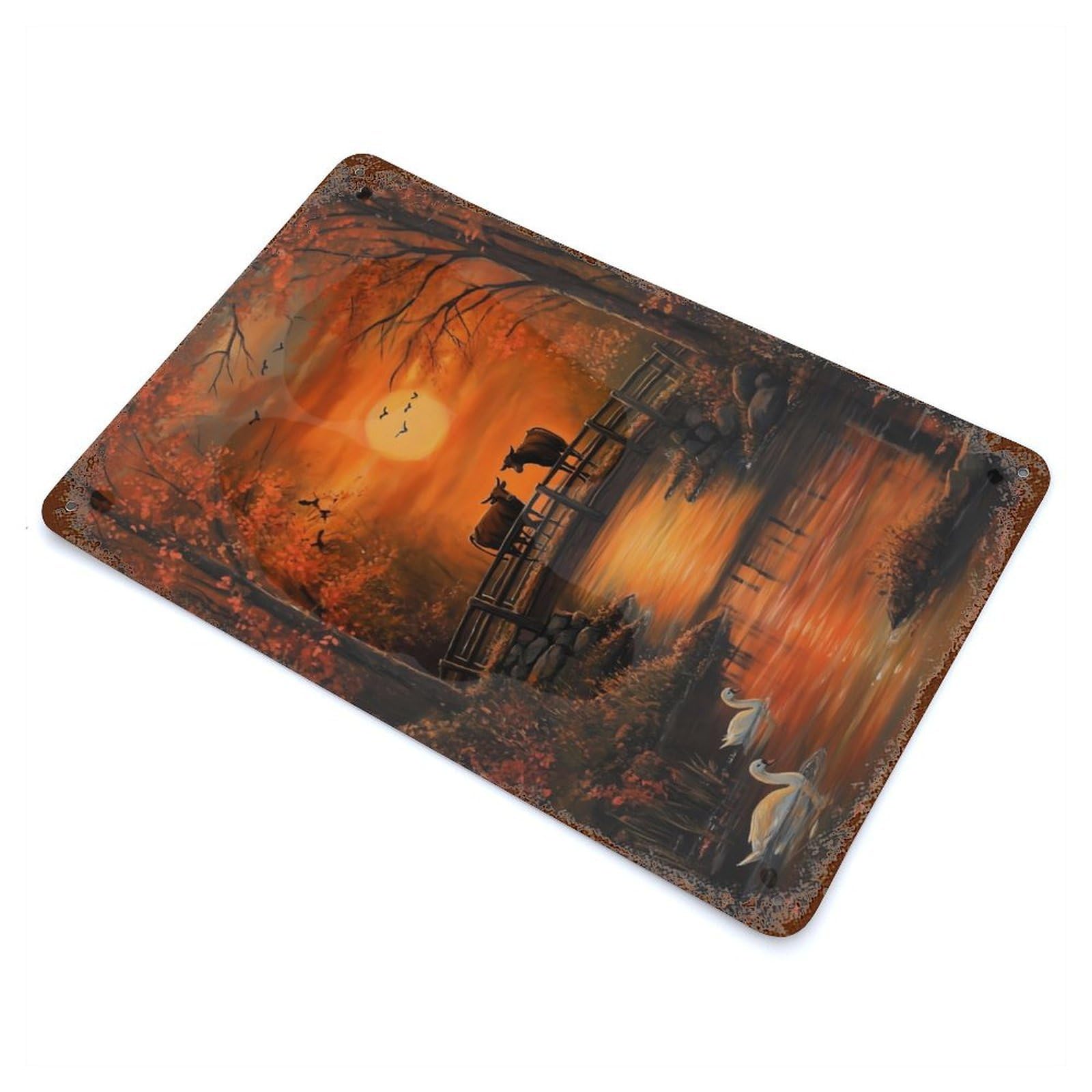 Cows in Autumn Sunset Bridge Rustic Tin Plaque 11.8"x7.9", Farmhouse Wall Decor for Shed, Workshop And Garage Wall Decor