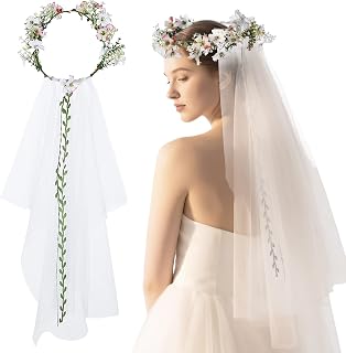 1 Pc Flower Crown for Women with Bridal Veil, Adjustable Hair Headband Accessories, Wedding Crown for Wedding Bridal Festival Photography Hair Wreath Accessory Hairbands