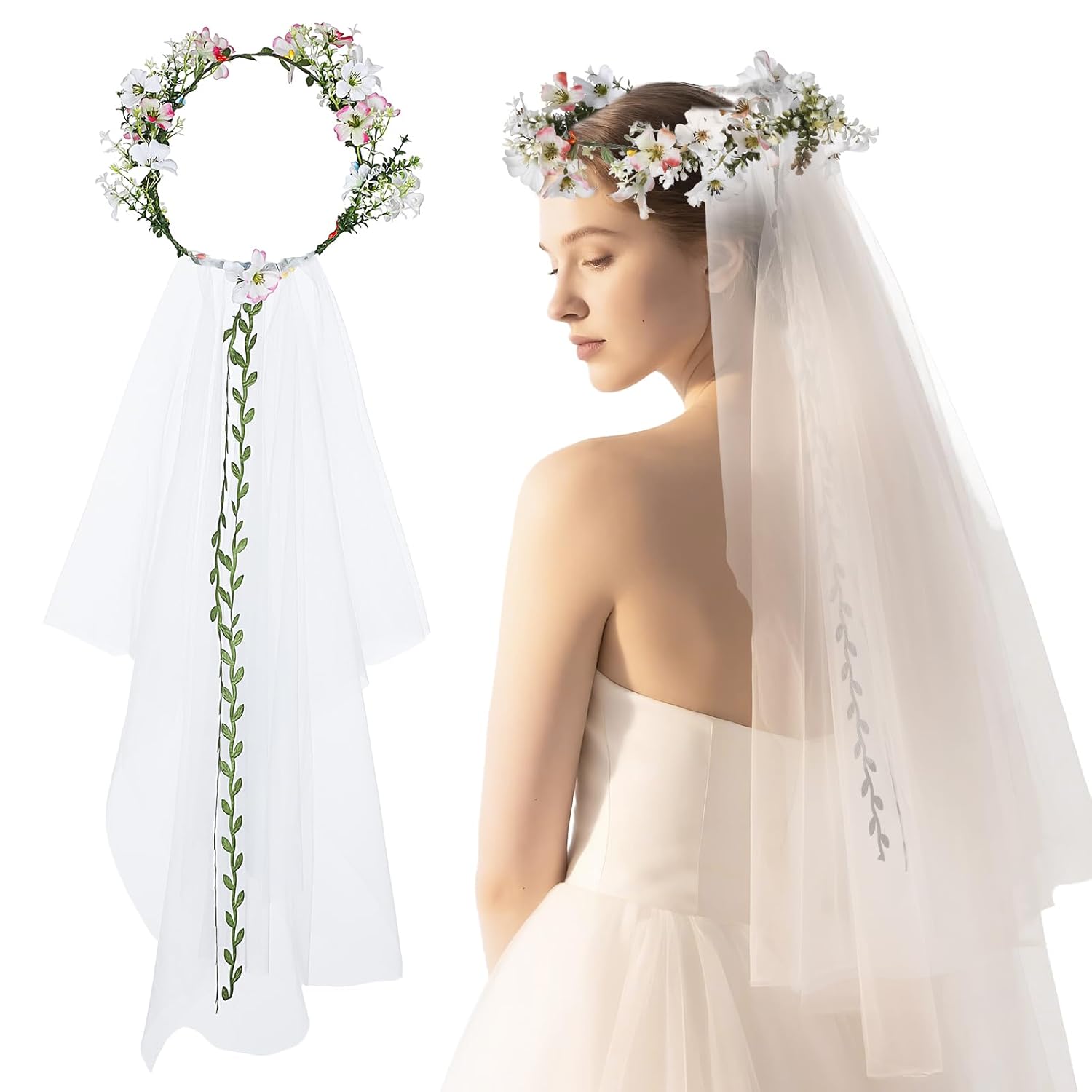 1 Pc Flower Crown for Women with Bridal Veil, Adjustable Hair Headband Accessories, Wedding Crown for Wedding Bridal Festival Photography Hair Wreath Accessory Hairbands