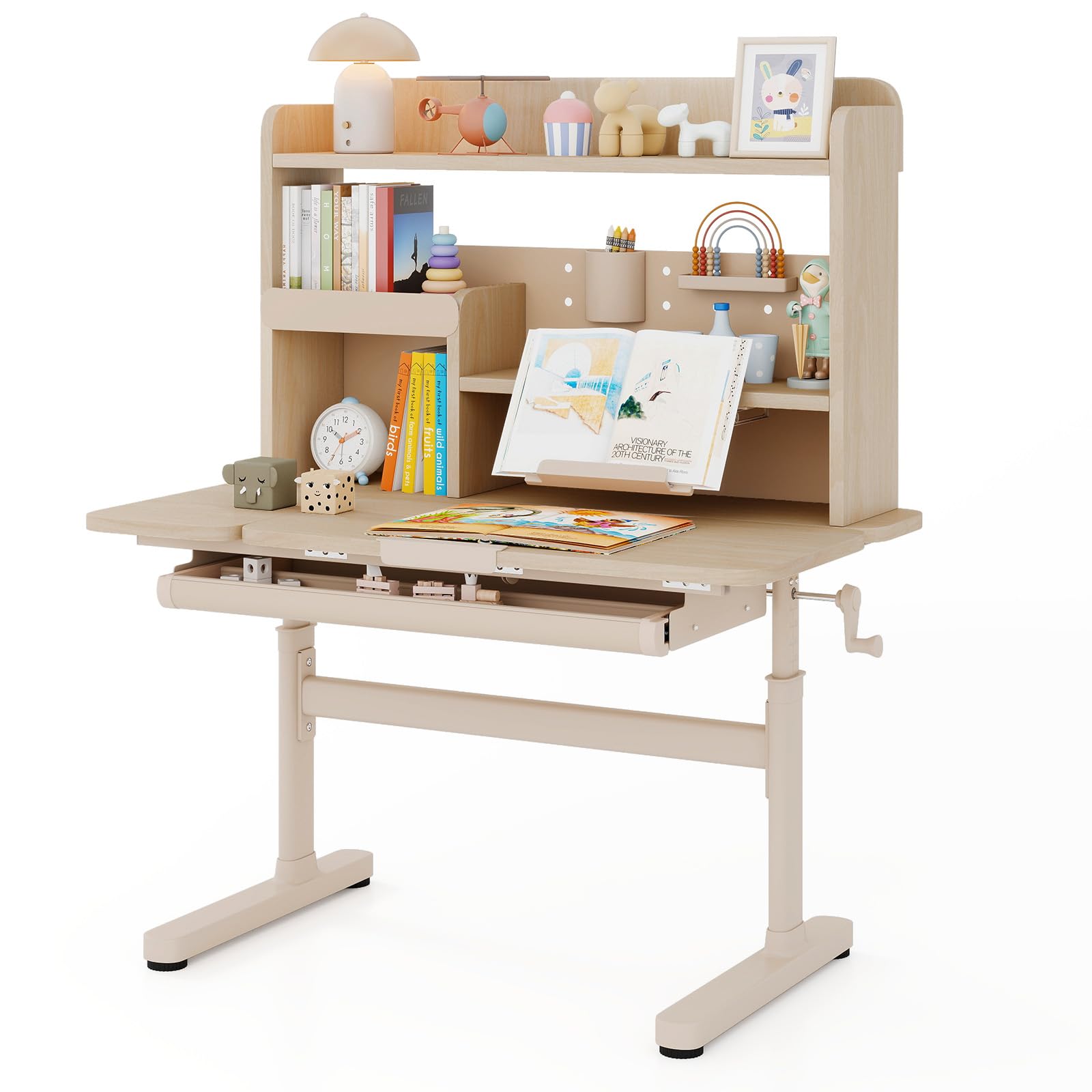 COSTWAY Bureau Enfant Fille Garcon avec Hauteur Réglable, Table Enfant avec Plateau Inclinable, Bibliothèque, Étagères, Tiroir, Support de Livre, Porte-Stylo, Charge 80 kg, pour 3-12 Ans (Naturel)