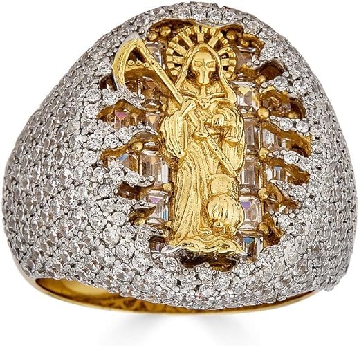 Harlembling Solid 925 Silver & 14k Gold Baguette Ring - Grim Reaper Santa Muerte Ring - Iced Hip Hop Ring - Saint Of The Dead Ring