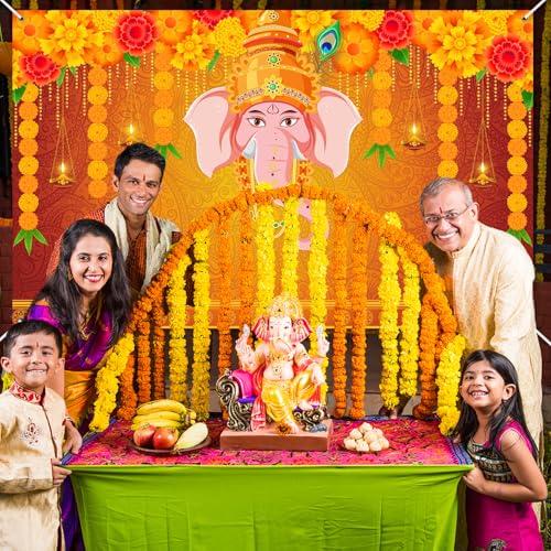 Image of Avezano Indian Pooja Traditional Backdrop Indian Religious Festival Marigold Banner Orange Flower Marriage Hindu Curtain Bridal Shower Wedding Party Decorations Banner (6x3.6ft)