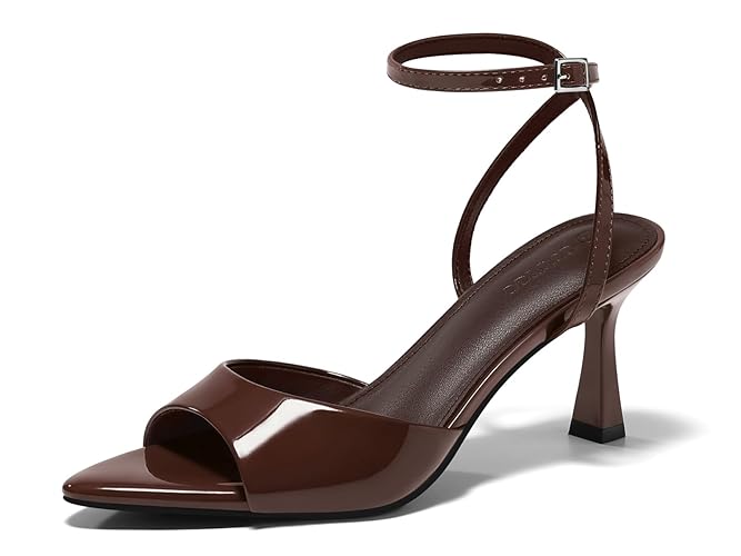 Coutgo Womens Kitten Heels Sandals Pointed Open Toe Ankle Buckle Strap Summer Dress Shoes - Coffee - 6.5