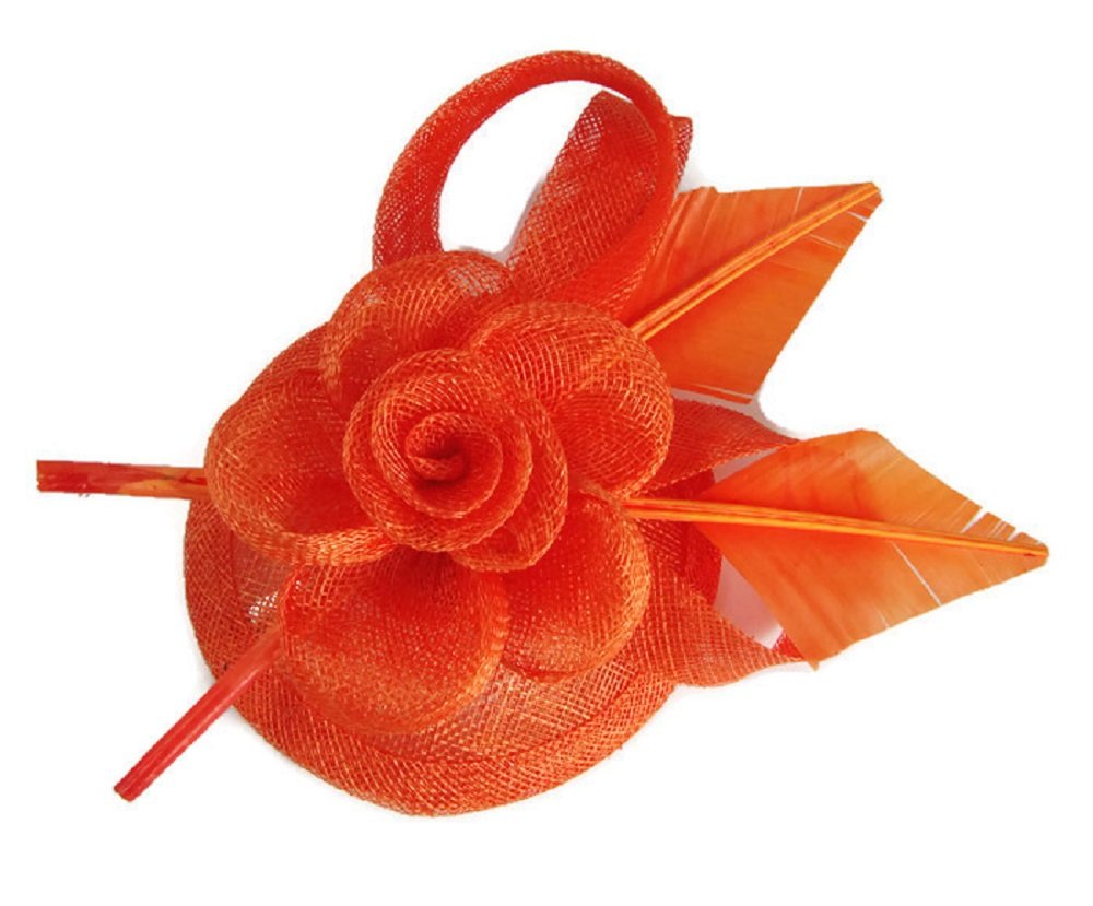Signature Flower & Feather Mini Disc Fascinator with Hair Clip (Orange)