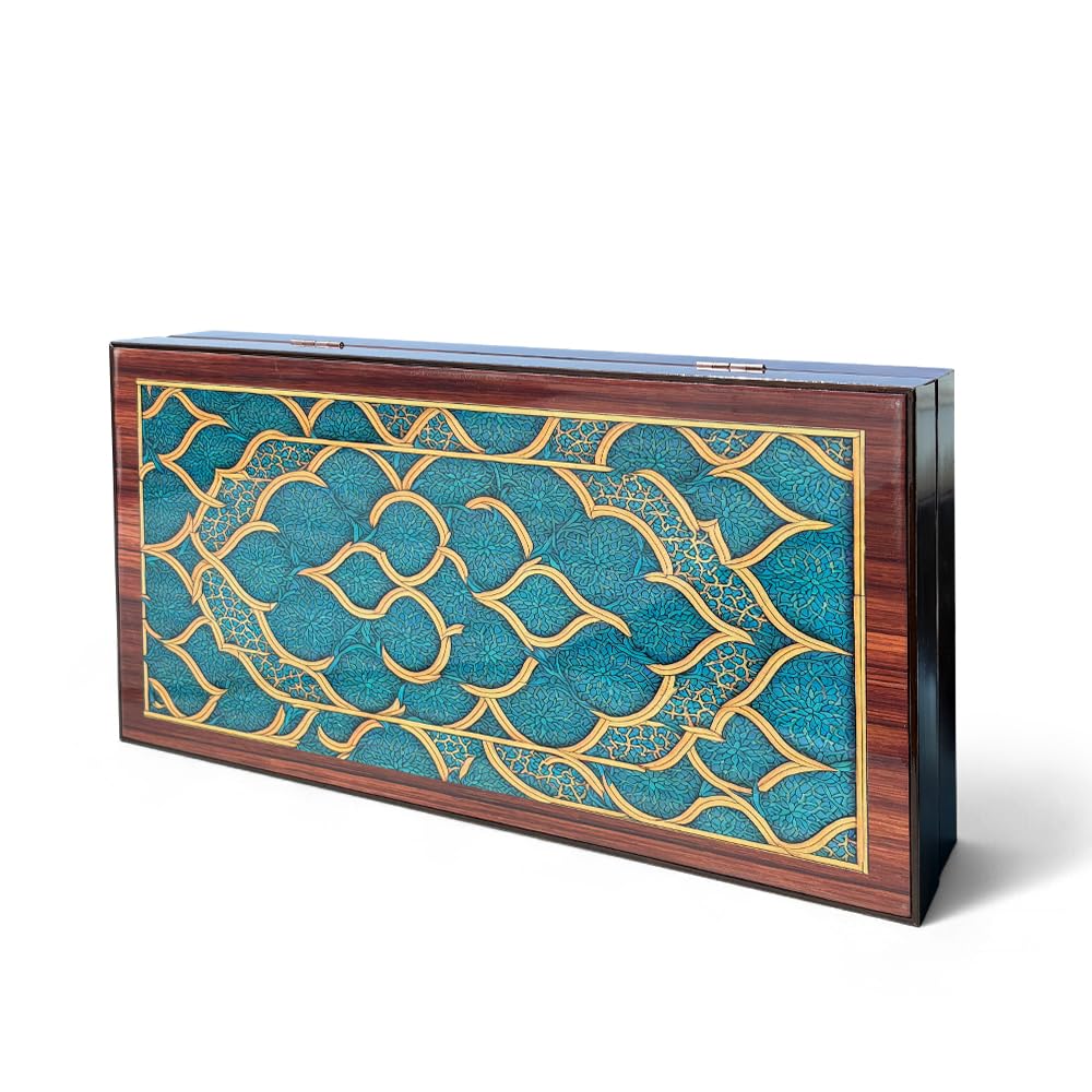 BiggDesign Backgammon Set with Checkers & Dice – Scratch-Resistant MDF Glossy Finish Board with Magnetic Lock – Foldable Classic Tavla Board Game Oriental