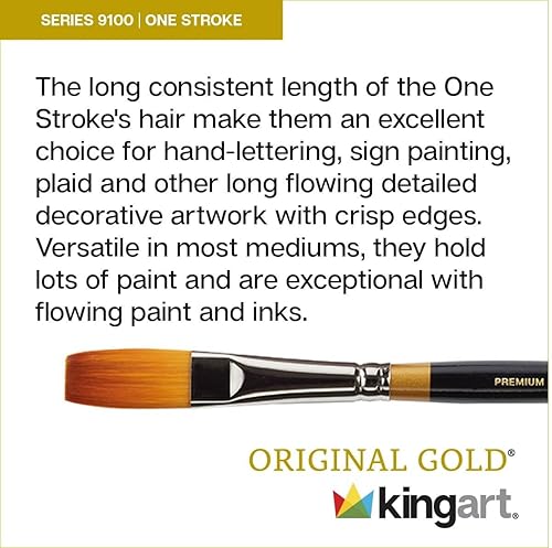 Miniatura 3 de KINGART Premium Original Gold 9100-1 One Stroke Series - Cepillo para artista, pelo sintético Taklon dorado, mango corto, para acrílico, acuarela,