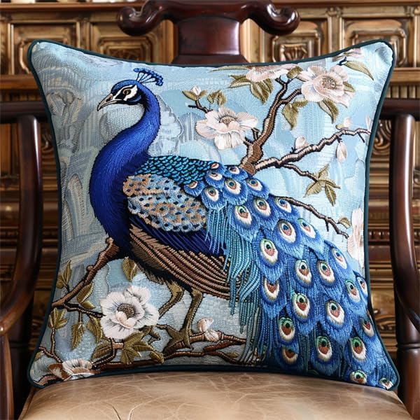 Taxpy Latch Hook Kit for Beginners, Blue Peacock Simple Rug Cushion Cover Making Kit, Embroidery Pillowcase Latch Knitting Starter Kit, Craft Kits for Adults, 43x43cm