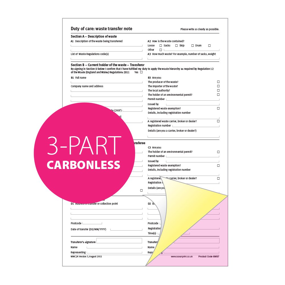 Ocean Pads Duty of Care Waste Transfer Note Pad, A4, 3-Parts Triplicate, Carbonless Paper (Product Ref 69837) [Pack 1]