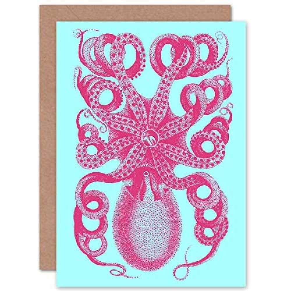 Wee Blue Coo Pink Octopus Blue Greeting Card With Envelope Inside Premium Quality