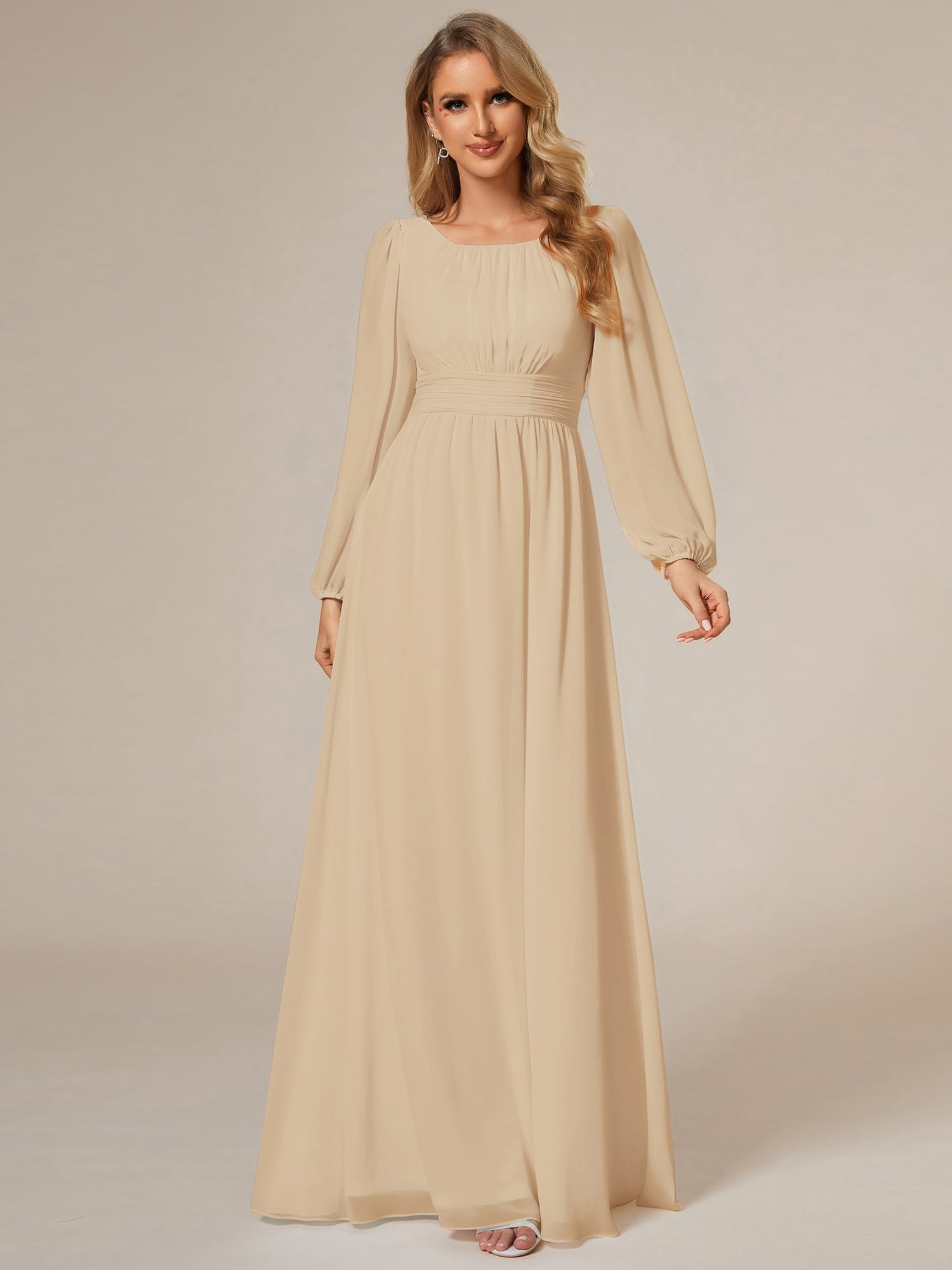Ever-Pretty Robe Demoiselle d'honneur Femme Longue Manches Longues Col Rond Mousseline Chic Champagne 48