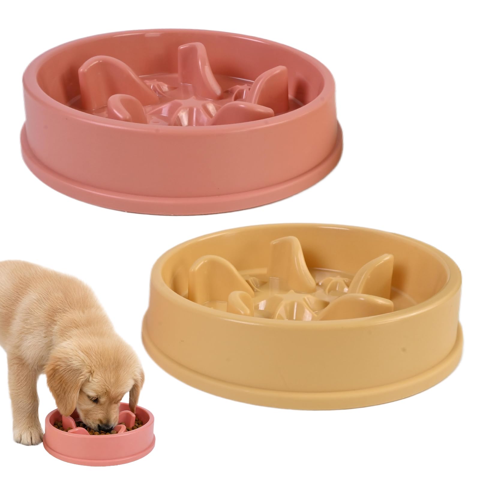 Merzio 2PCS Slow Feeder Dog Bowls, Anti-Choking Puzzle Cat Food Bowls, Non-Slip Interactive Dog Feeding Slow Down Eating, Bloat Stop Maze Dishes Dog Feeder for Small Breeds, Coral and Wheat Yellow