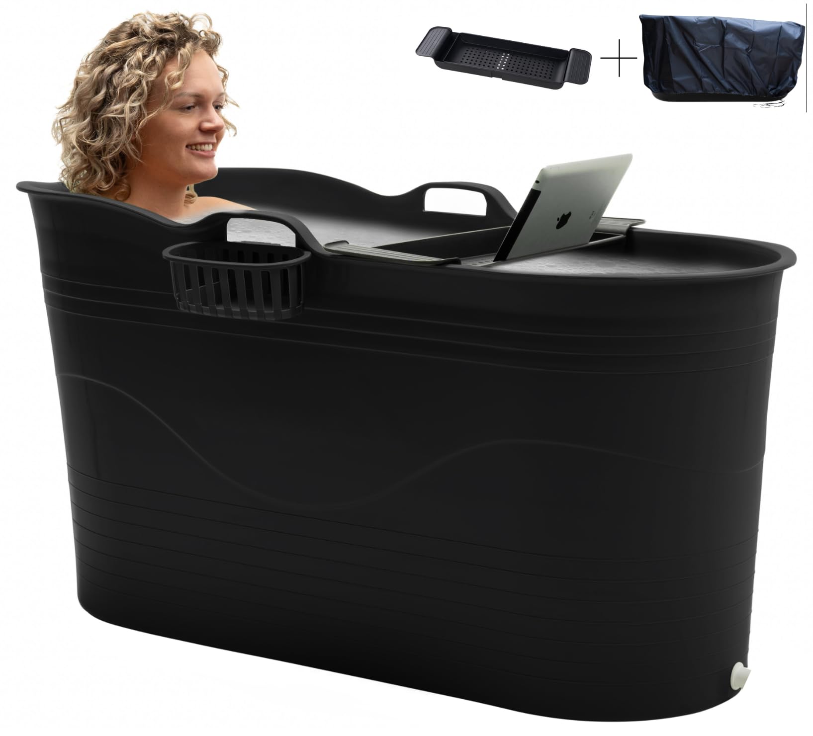 HelloBath® – Bath Bucket XL (Comfort) – 122 cm – Baignoire assise pour adultes – Bain glacé – Tuyau d’évacuation extensible jusqu’à 3 m – Extras : tablette, robinet et housse de protection – Noir