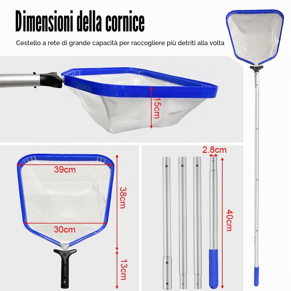 Retino per Pulizia Piscine,Professionale Retino Piscina,Retino per Piscina con Manico Telescopico,Retina Raccogli Foglie per Piscina Contelaio in Alluminio,Rete a Maglia Fine,Skimmer per Piscina