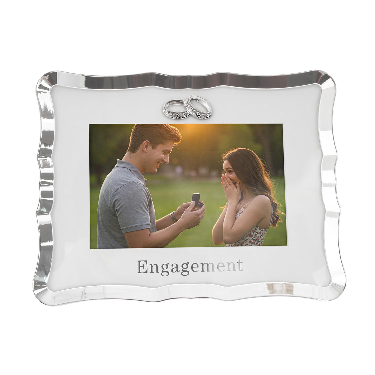 Modern Engagement Picture Frame - Silver Plating with Double Rings - Holds 4" x 6" Photo - Wall or Table Mount