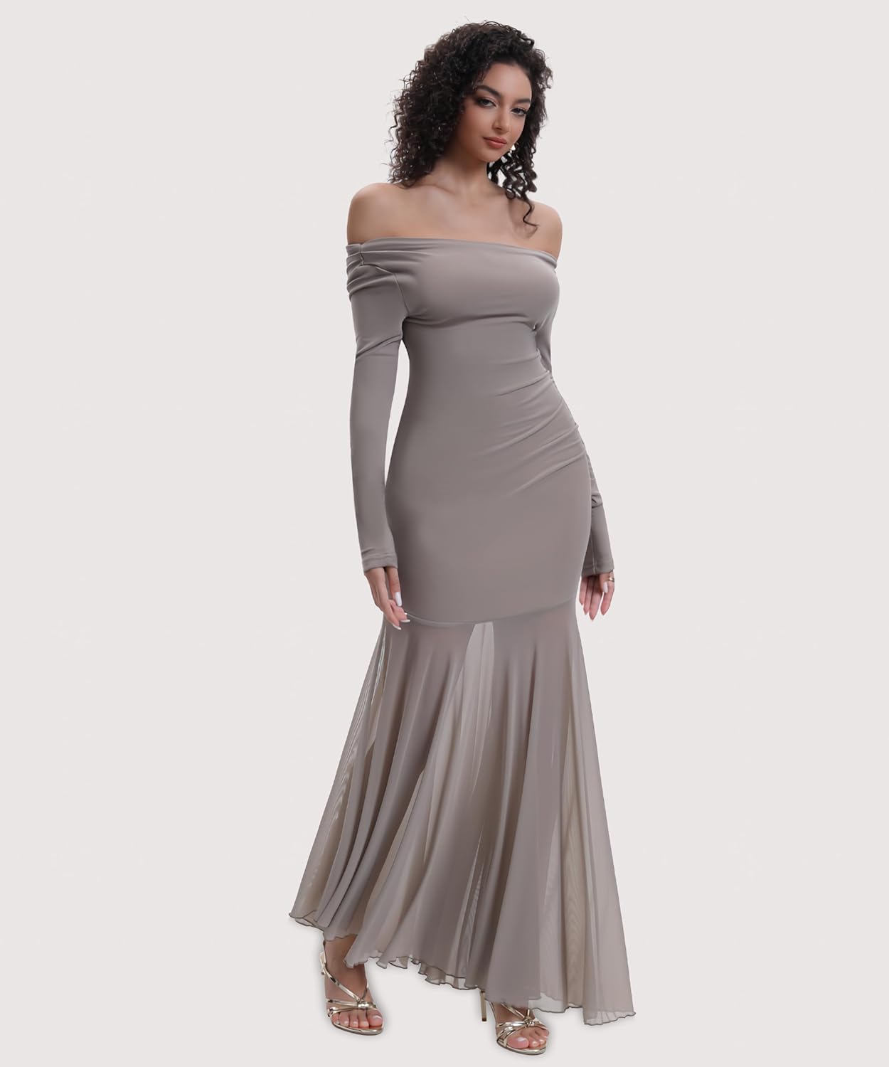 Mesh Long Sleeve Off Shoulder Bodycon Maxi Dress for Women Modal Elegant Cocktail Party Outfits Dress - Image 7
