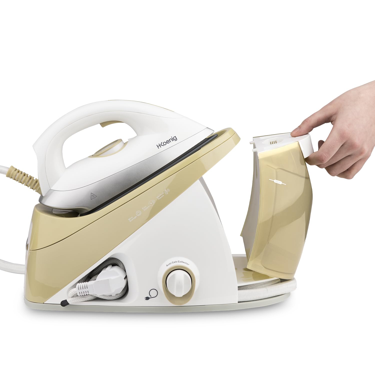 Centro de planchado de vapor H.Koenig 6 bares V28 potente, vapor continuo de 150 g/min, Autonomía ilimitada, Vapor vertical, Suela cerámica EasyGlide, Potente 2400W, 1,1L, Antical