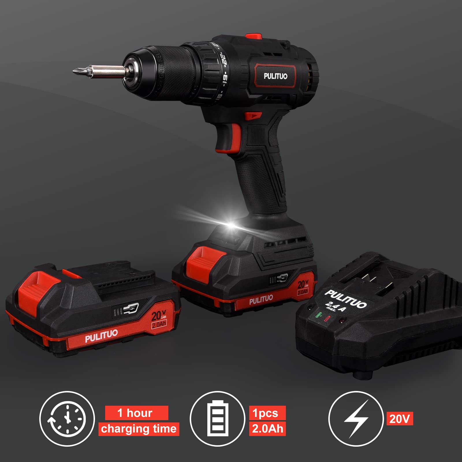 Conducteur de perceuse sans fil PULITUO avec batterie, perceuse électrique sans balais de 20V, perceuse électrique (60N·m, 25+1 couple réglage /2000mAh/2 vitesse Variable）