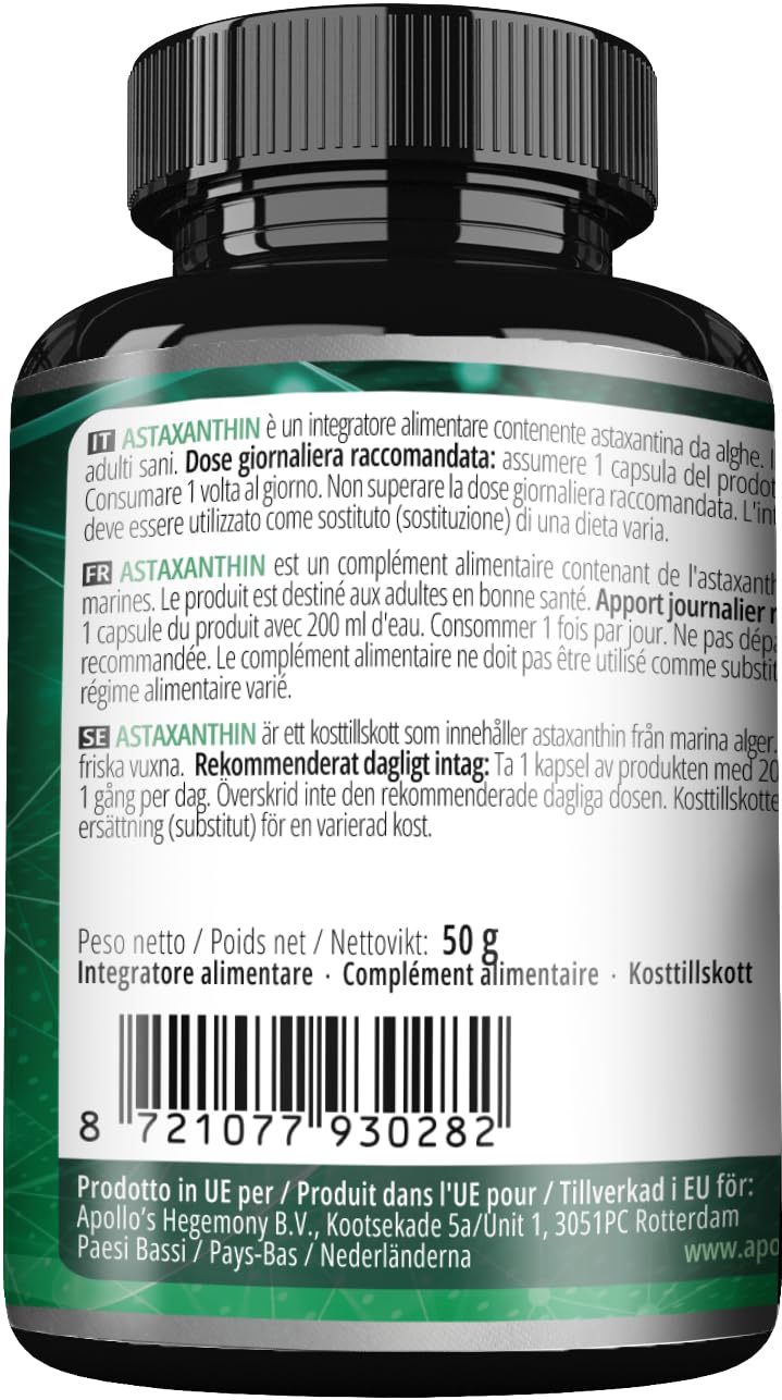 Astaxantina 8 mg da microalghe Haematococcus pluvialis - 90 capsule vegane - 3 mesi di fornitura - Potente antiossidante - Integratore alimentare - Apollo's Hegemony