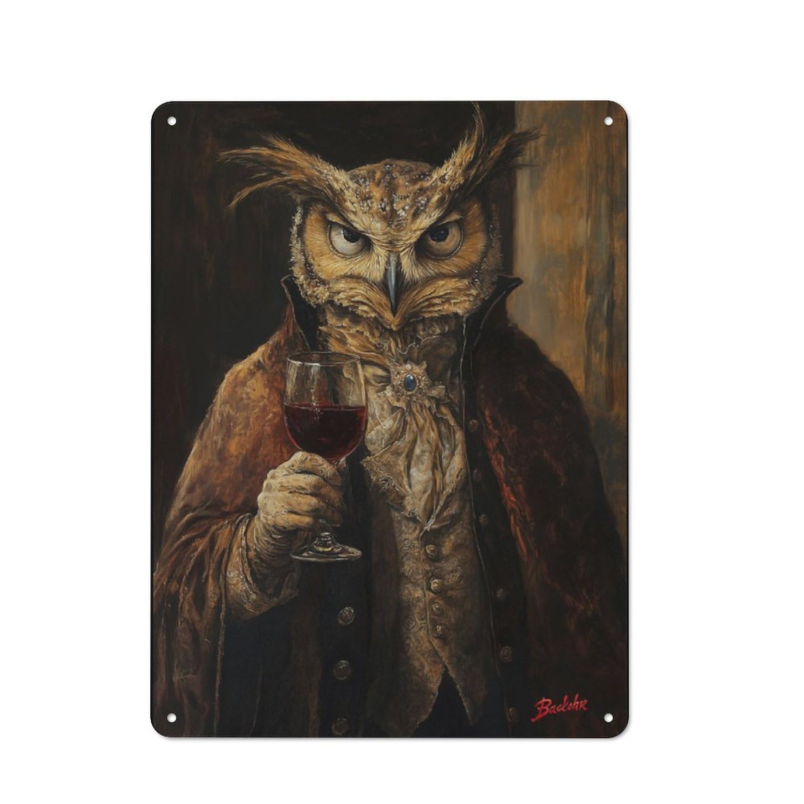 Owl Gentleman with Wine Retro Tin Sign 40x30cm for Living Room Or Hallway, for Cooler-season Styling in Living Room And Hallway