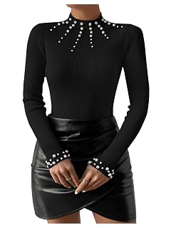 SweatyRocks Womens Pearls Beaded Mock Neck Ribbed Knit Fitted Sweater Pullover Tops