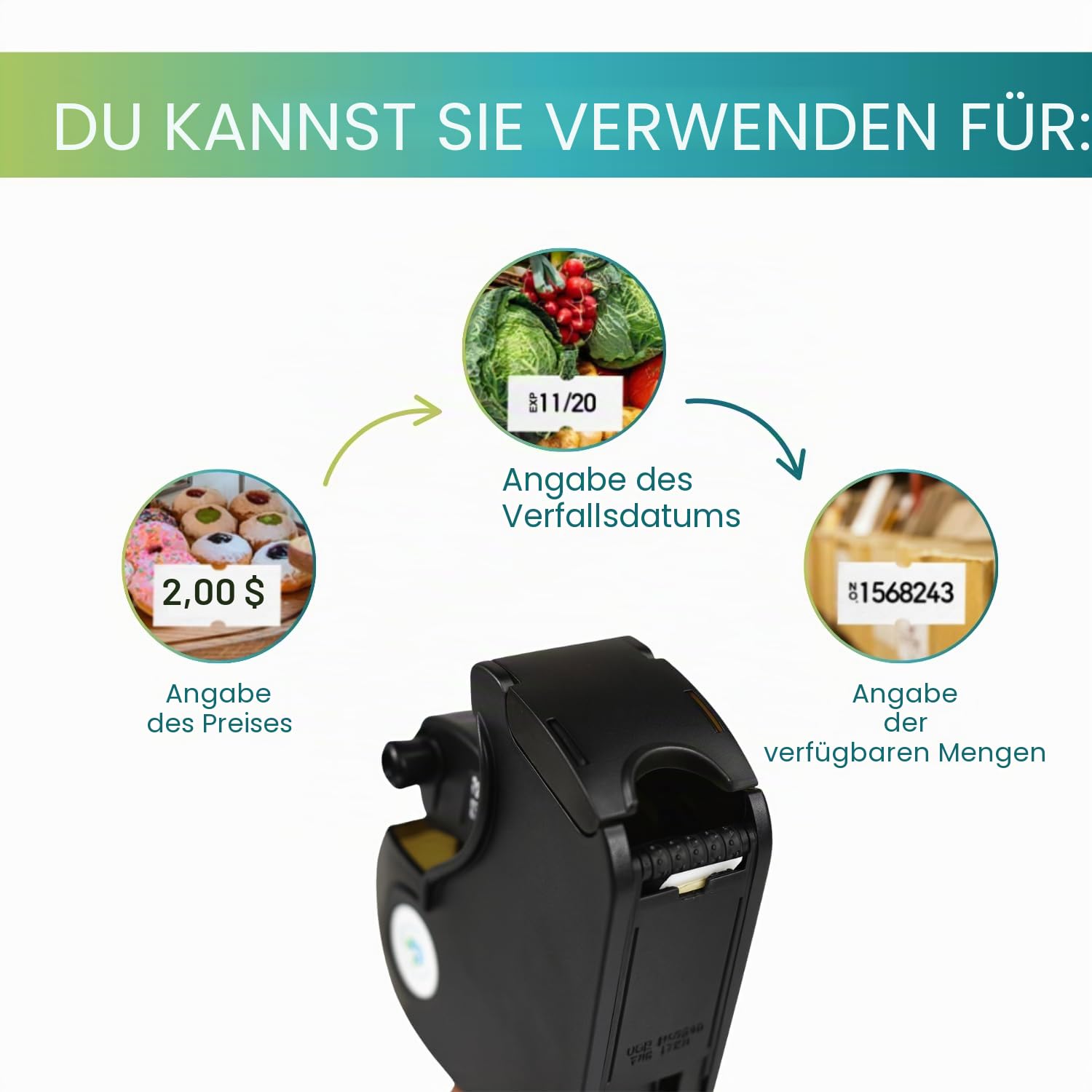 Virsus 8 Zeichen und Zahlen Etikettiermaschine mit 1 Druckzeile + 4 Rollen mit je 1500 Etiketten mit 26 x 12 Klebeetiketten