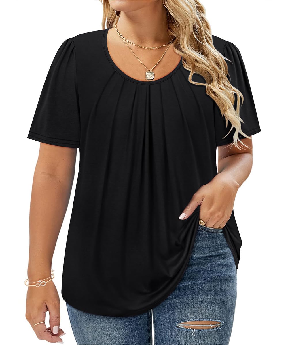 CARCOS Womens Plus Size Tops Summer Pleated Flowy Shirts Short Sleeve Crewneck Tunic Tops Casual Solid/Floral/Tie Dye XL-5XL