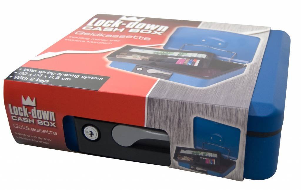 K2M Geldkassette 30cm blau Münzkassette Geldkasse Federdeckel