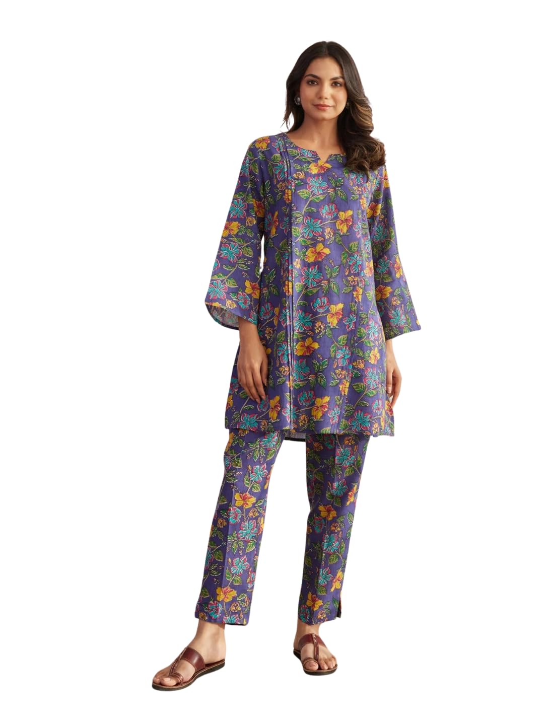 Nainvish Women's Blue Floral Printed A-Line Cotton Blend V-Neck Co-Ord Set (Sd667_Kb-Xl)