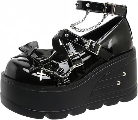 Women Mary Jane Lolita Shoes Bow Cute Ankle Strap Buckle Goth Platform Heels Kawaii Shoes Uniform School Punk Wedge High Heel Pumps