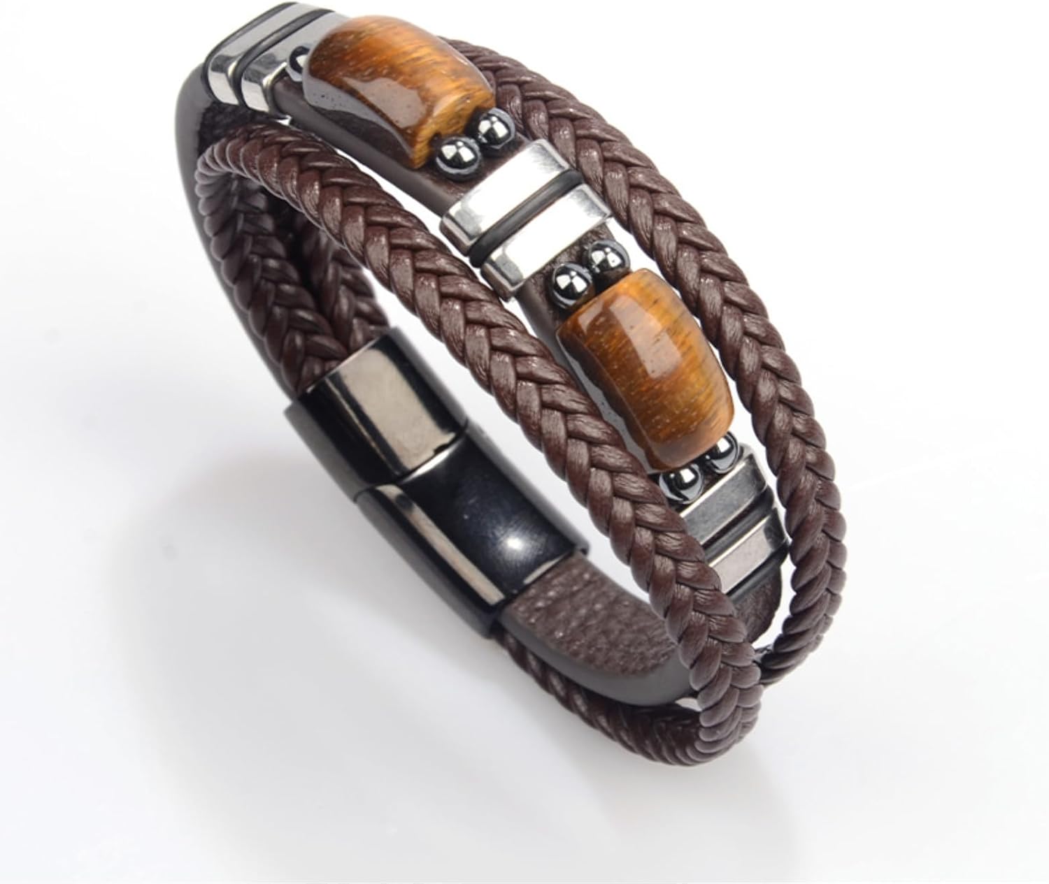 Tiger Eye Black Leather Men’s Bracelet,Handmade Natural Tiger Eye Gemstone Jewelry, Classic Crystal Stone Bracelet with Layered Design - Image 2