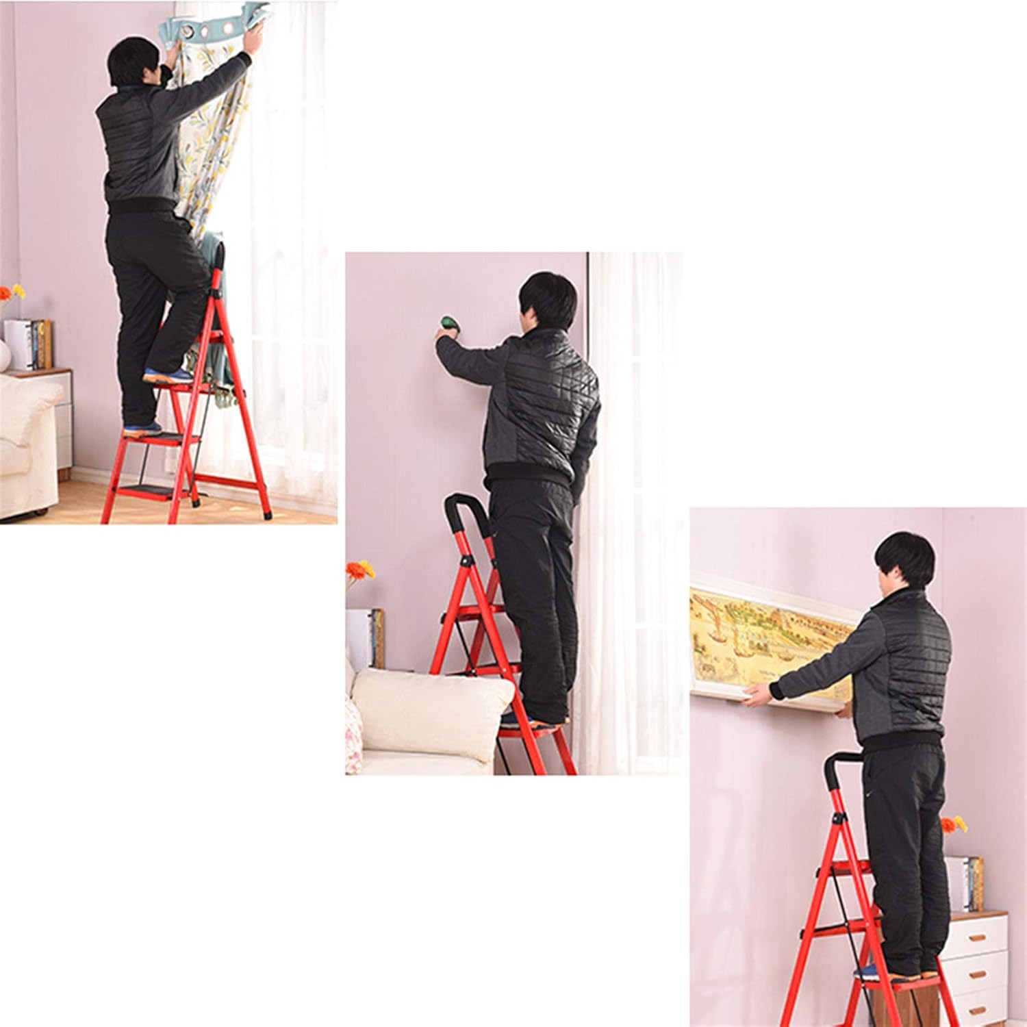 Step Stool Red Folding Steps, Home 4-5 Step Ladder Non-Slip Durable Stepladders Outdoor Multi-Purpose Ladders/50X86X164Cm