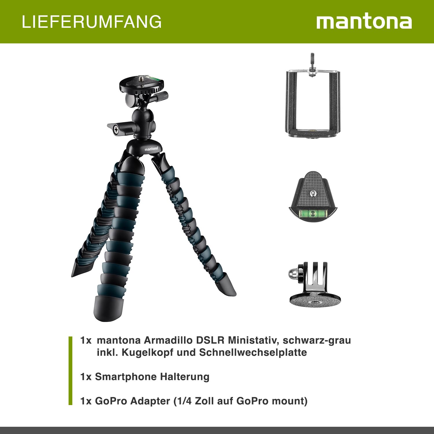 walimex pro Armadillo DSLR (do wysokości roboczej 28 cm/maksymalne obciążenie 3 kg – czarny/szary + adapter ze złączem 1/4 cala i uchwytem na smartfon